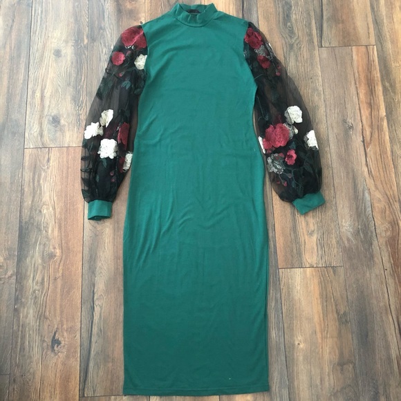 Flower Embroidered Green Pencil Dress M - Picture 4 of 7